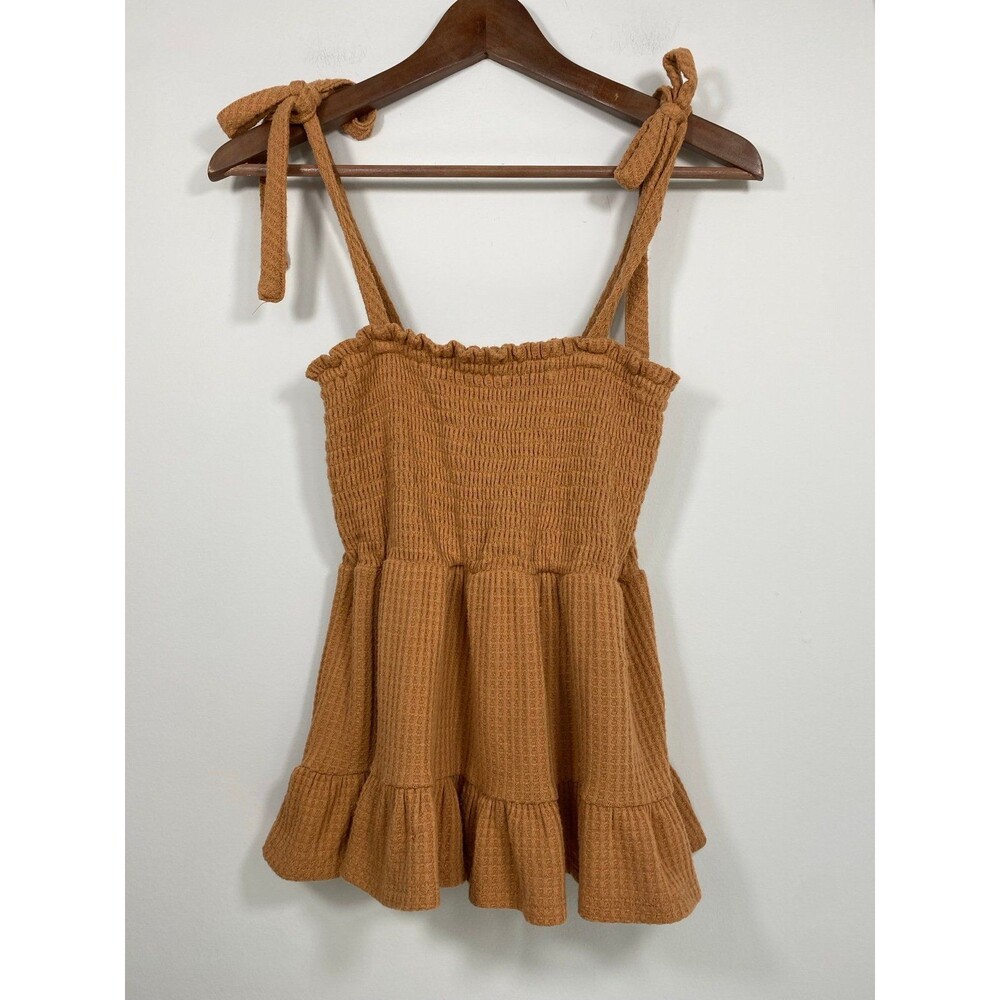 Paper Crane Smocked Babydoll Tank Top Brown Tie Strap Size Small